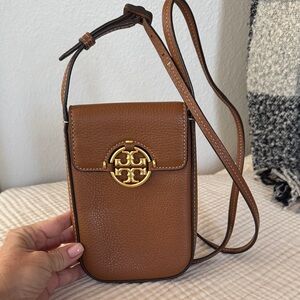 Tory Burch Miller Phone Crossbody Brown Leather Bag with Gold Logo